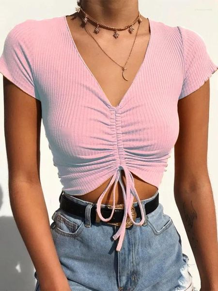 Tanques femininos Sexy V Neck Cropped Tanks Tops Mulheres Castro amarra na frente Camis Candy Colors Streetwear Slim Fit Retbed Top 2024