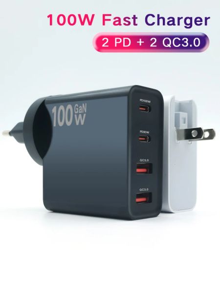 Chargers PD 100W GAN GAN Fast Charge Wall Charger USB Tipo C para telefone iPhone Samsung Multi Ports Chargers Adaptador de laptop universal portátil