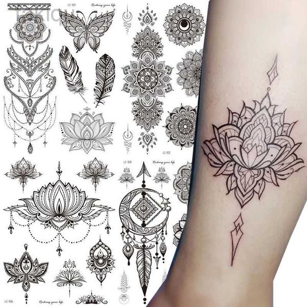 Körperfarbe Frauen wasserdichte temporäre Tattoo Aufkleber Mandala Blumen Tattoos Rose Peonies Körperkunst Wassertransfer Schlüsselbein Temporäres Tattoo D240424