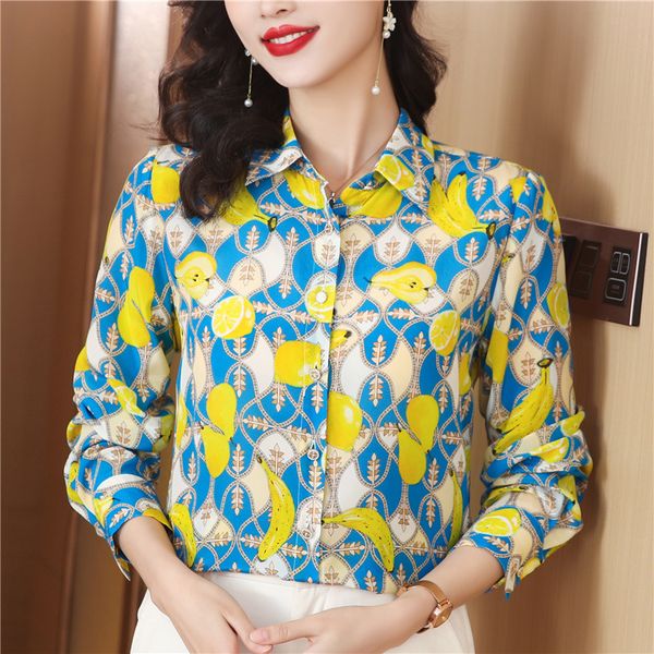 Designerinnen Frauen Mode gedruckte Seidenhemden Langarm Elegante Reversmetallknopf Blusen Casual Office Plus Size Runway Ladies Tops Kleidung Frühling Sommer Herbst