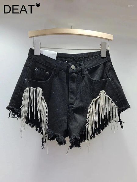 Damen -Shorts Mode Women Tassels Diamonds Kette Denim Pocket Button Plüschkante kurze Hosen weiblich 2024 Spring 11xx8488