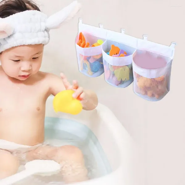 Sacos de armazenamento Organizador de brinquedos de banho de capacidade Saco de malha respirável com três bolsos para shampoo resistente a brinquedos para bebês