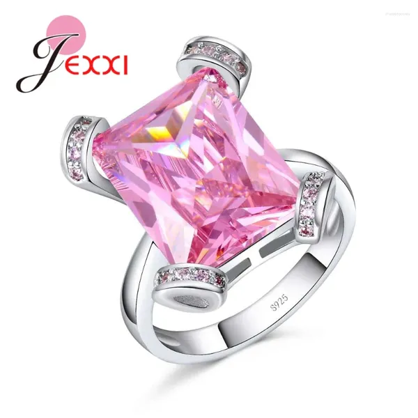 Clusterringe Big Square Pink Crystal Hochzeit für Frauen Mode 925 Sterling Silber Kubikzirkonia Verlobungsfinger Ring Liebe