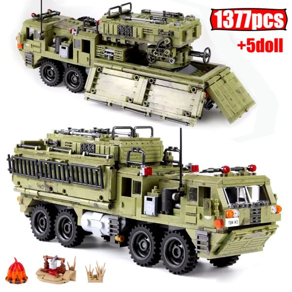 BLOCOS 1377PCS City WW2 Militar Escorpio Modelo de caminhões pesados Modelo Technical MOC Transport Truck Soldier Blocks Toys for Kids