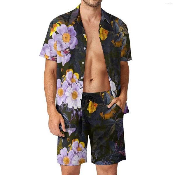 Men's Tracksuits Men Florais roxos Definem Shorts Casuais da Midnight Summer Summer Vintage Beach Cirtel Set Sleeve Sleeve Projeto de tamanho grande