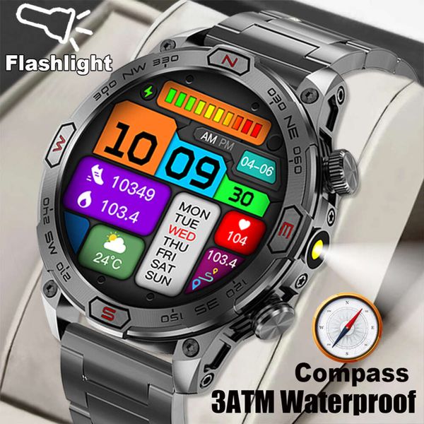 Compass Military Outdoor Sport Smart Watch Men Flashlight LED 466*466 HD 450 mAh Bluetooth Call Orologi Bluetooth Bluetooth Orologi 2024 Nuovi