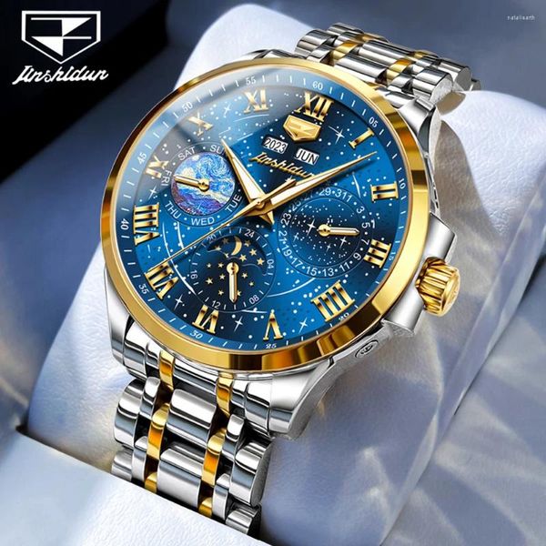 Armbanduhr Jsdun 8957 Sternenhimmel Mond Phase Mechanische Uhr für Männer Römische Skala Auto Date Man sieht wasserdichtes leuchtendes Handgelenk zu