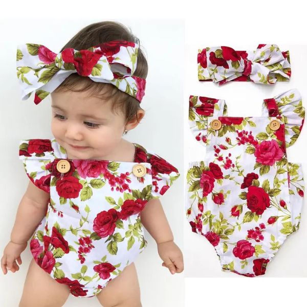 Einszene niedliche Blumenstrampler 2pcs Baby Girls Kleidung Jumpsuit Strampler+Stirnband 024 m Alter Ifant Kleinkind Neugeborene Outfits Set Hot Sale Sale