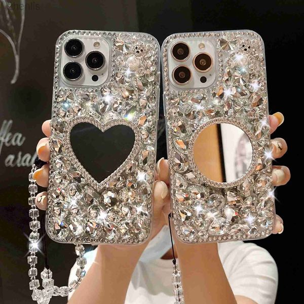 Casos de telefone celular Moda 2023 Mulheres Luxury Diamond Makeup Mirror Girls Cell Case para iPhone 14 13 12 11 Pro Max 7 8 15 Plus com alça de mão D240424