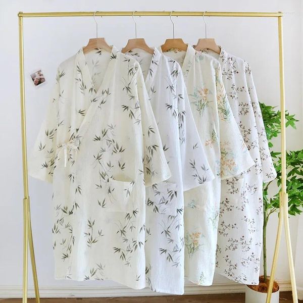 Roupas em casa 2024 Japonês Kimono Primavera/verão Robo feminino Pijama de algodão imprimido Senhoras finas simples