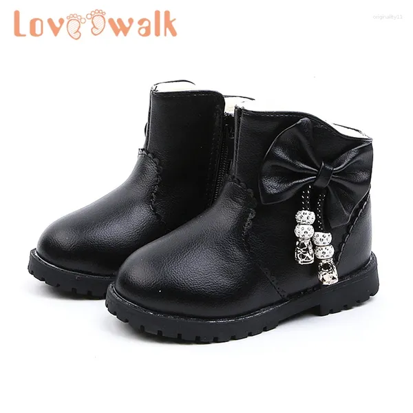 Stiefel Mädchen Schwarze Fliege Leder Leder Fell Kinder wasserdichte Winter Kinder Schuhe Prinzessin Knöchel Baumwollmädchen Kleid Schuh