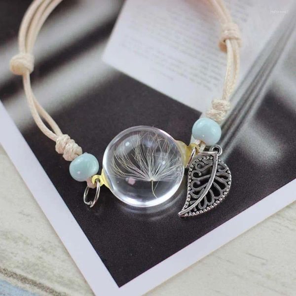 Strand Boho Armbänder Glasball Echter trockener Pfirsich Blume Blumenbaumbänder einfache Pflanzenproben Schmuck Frauen Verstellbare Armbandgeschenke