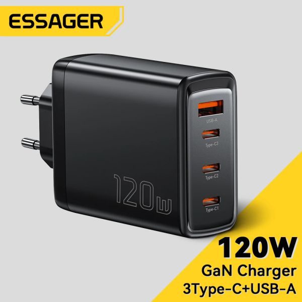Chargers Essager 120W Caricatore GAN Quick Charging QC4.0 PD3.0 Caricabatterie per telefoni cellulari USB di tipo C per iPhone 14 Pro Max Huawei Samsung Laptop