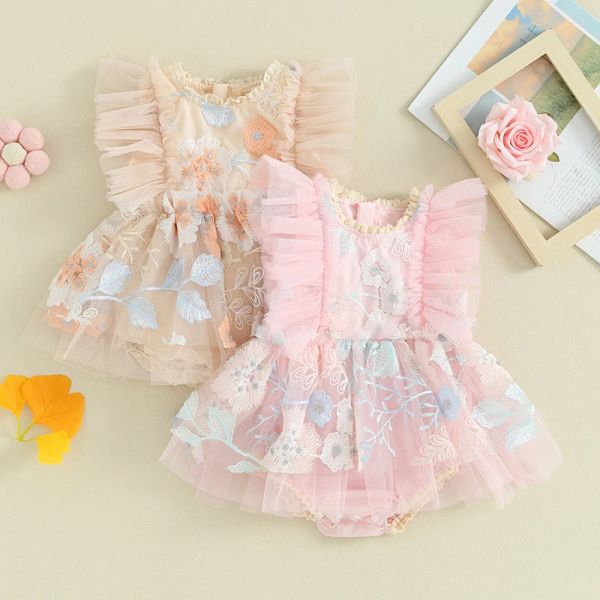 Pieces recém-nascidos criança bebê garoto vestido mosca manga bordado flor malha de tule tule macacão macacão tutu vestido de verão roupas de verão