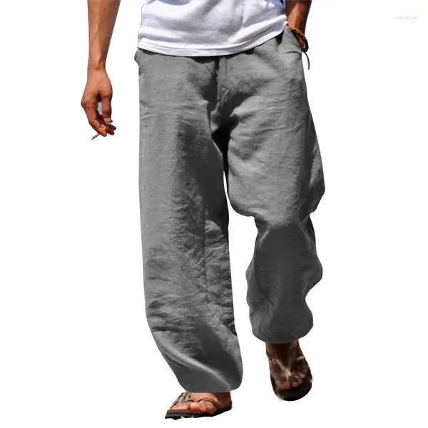 Pantaloni da uomo cotone e lino casual per uomini che colano lampada hip-hop abbigliamento dritto