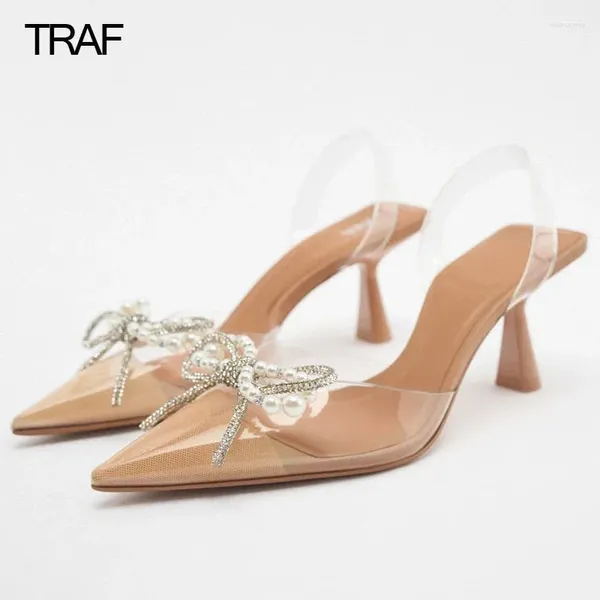 Отсуть туфли Traf Women Hok Heels Clear Pearl High Woman Pumps Slingback Butterfly Прозрачная современная офисная каблука с высоким каблуком на высоком каблуке