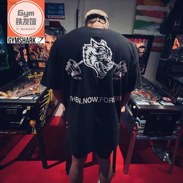 Erkekler Tişört Bizi * Ver Wolf Head Barbell Kısa Kollu Erkek ve Kadın Gevşek Siluet Saf Pamuk Sporları ve Sıradan T-Shirtl2404