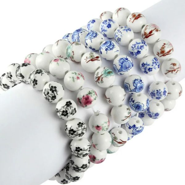 Strands Eleganti perle in ceramica in stile cinese Bracciale Braccialette floreali in porcellana blu e bianco