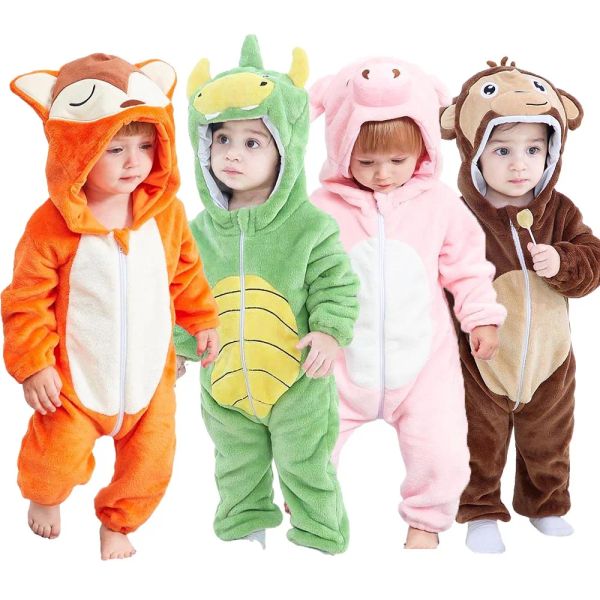 Pieces de um desenho animado fofo bebês garotos de flanela de inverno pijamas tigre dinossauros de dinossauros de porco de porco de porco kigurumi pijamas para meninas