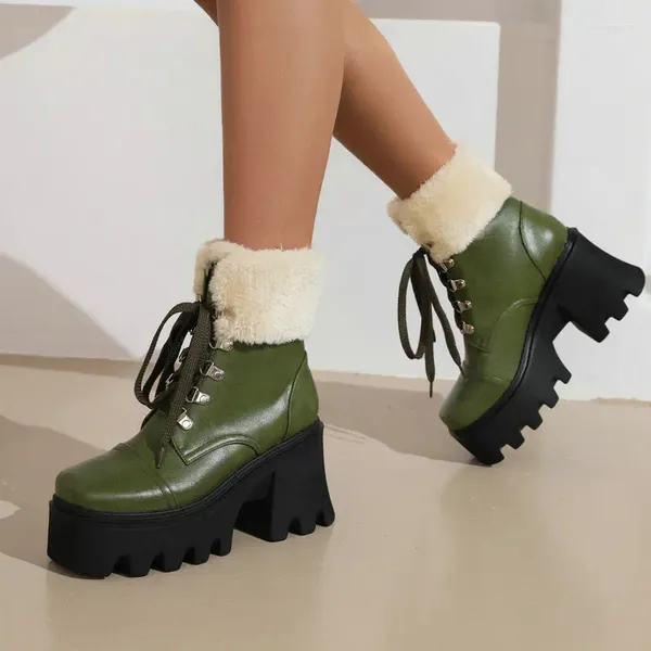 Stivali Army Green Olive Square Platform Piattaforma di punta con tacchi alti covoni invernali in pelliccia fodera di peluche donne calde che cavalcano la caviglia neve