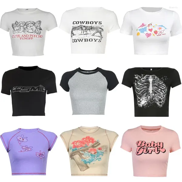 Kadın Tişörtleri Y2K Estetik Kawaii Bebek Tees Kadın Yaz Günlük Kısa Kollu Mahsul Top Kore Moda Harajuku Baskı Sıska T-Shirt