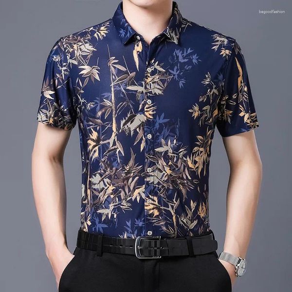 Camisas casuais masculinas verão original camisa floral de manga curta do pai do pai de gelo elástico de seda azul grande tamanho de roupas grandes homens