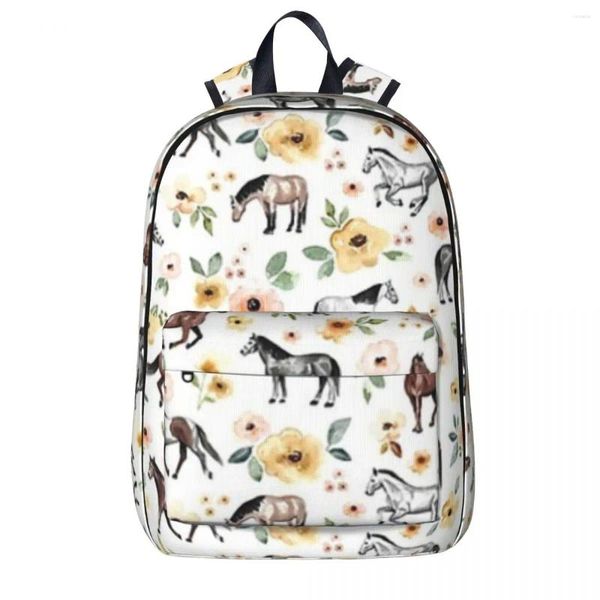 Cavalos de mochila com flores amarelas e rosa decoração de cavalo decoração aquarela floral bookbag bolsa bolsa de viagem garoto rucksack ombro