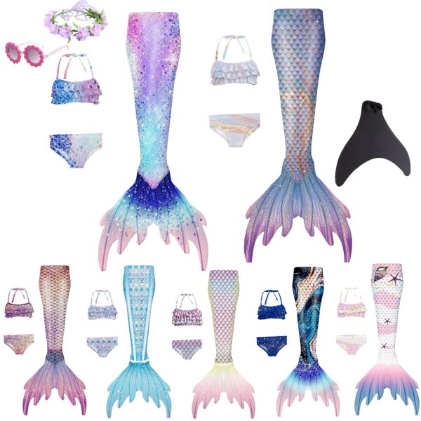 Swimwear Kids Mermaid Tail For Girls Mermaid Swimsuit Sets Set Children Halloween Fantasy Girlsuit Swimsuit Bikini Set Bareding Fin Monofin Fin