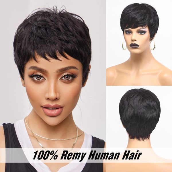 Perücken kurze Pixie geschnitten Bob menschliches Haar Perücken glatt schwarzbraunes Remy Haar für Frauen natürliche geschichtete Perücke mit Pony Billig Glulose Perücke