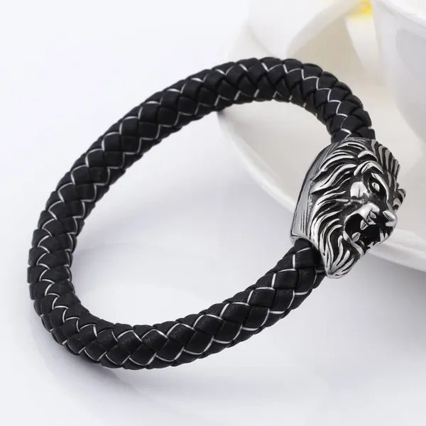 Braccialetti Link 8mm di alta qualità in acciaio inossidabile color leone chiusura bianca bianca vera intrecciata in cuoio da braccialetti unisex bracciale unisex