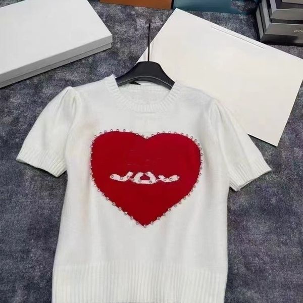 Donne Red Love Heart Pattern Rhinestone Logo Jacuqard Knitting Designer Tees SML