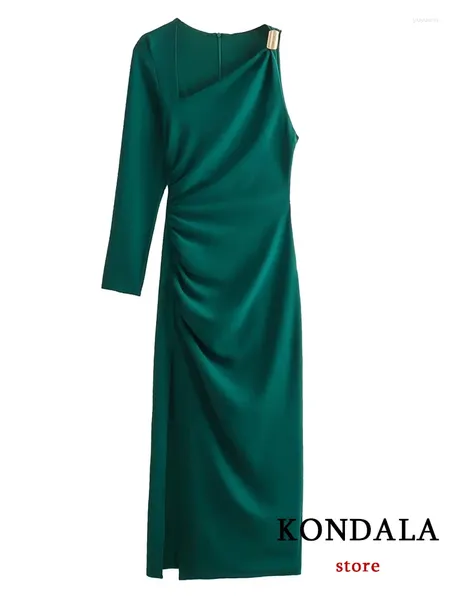 Vestidos casuais kondala chique verde sólido plissout -métrico feminino lantejacho de lantejoulas Fashion 2024 Autumn Single Sleeve Night Party Estido