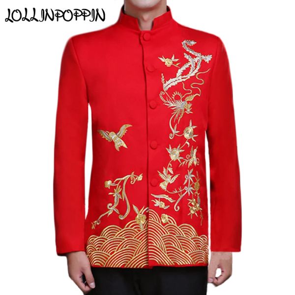 Jackets chineses tradicionais phoenix bordando masculino jaqueta de terno de casamento mandarim nuvens propício masculino jaqueta vermelha no noivo