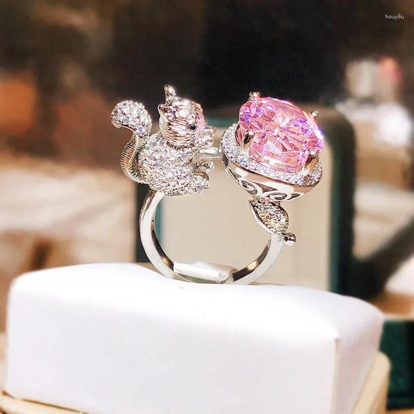 Ringos de cluster, estilo coreano, design doce e sofisticado com anel de esquilo de zircão de açúcar para as mulheres darem presentes para usar jóias em festas