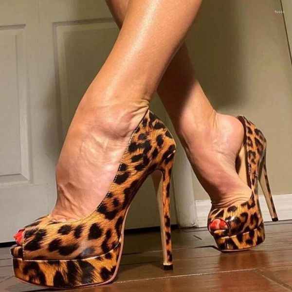 Scarpe eleganti sexy leopardo in pelle leoperi aperta punta 14 cm tacchi a piattaforma pompe slittamento superficiale su grandi dimensioni 45 donne banchetti formali