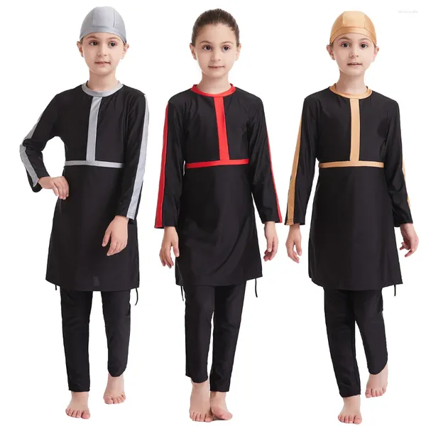 Этническая одежда три куска Burkini Дети девочки девочки мусульманские купальники брюки Кэпка Дети Скромные купальники Ислам с длинным рукавом плавательный костюм