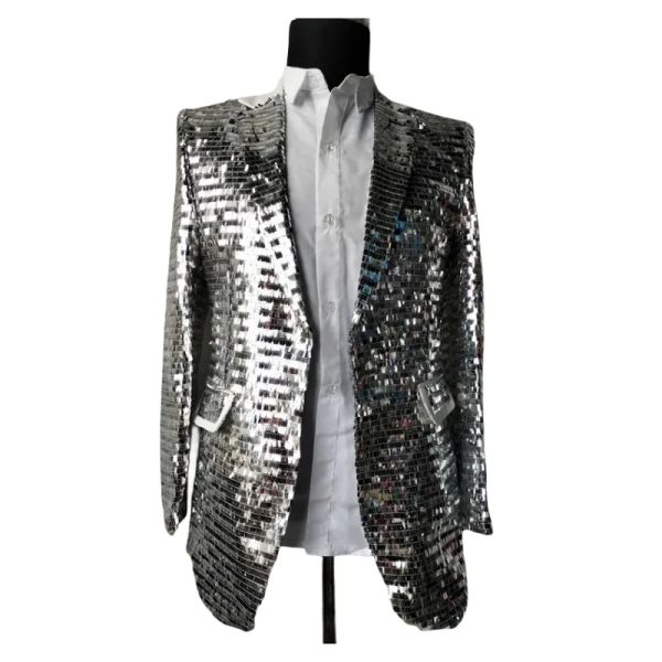 Jackets Herren Silber Pailletten Tuxedo Long Coat Magier Bühne Performance Paillierte Schwanzlack Schwalle -Anzug Jacken Sänger Hostkostüme