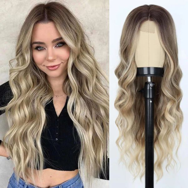 Wigs Wigholesale 280 cm 280 g Wig in pizzo anteriore con peli sintetici della parte centrale per donne ombre platino bionda nero