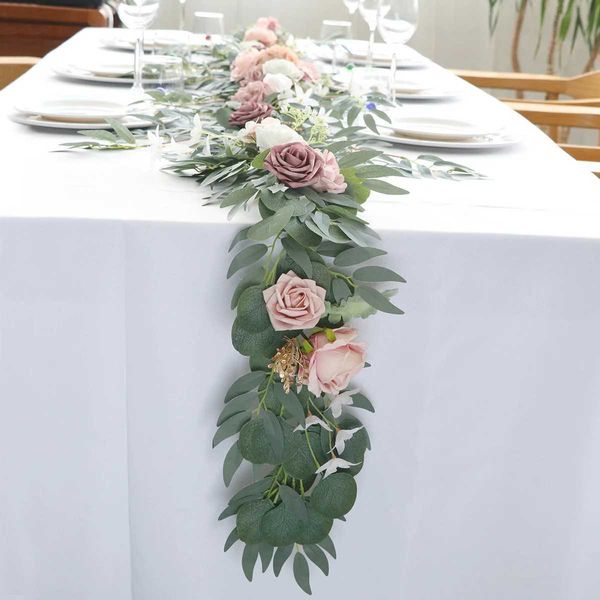 Sahte çiçek yeşillik yannev 8.8 feet/6 feet kırsal yapay okaliptüs çiçek bahçesi kırsal düğün masası koşucu merkezi parçası gelin duş dekorasyonu T240422