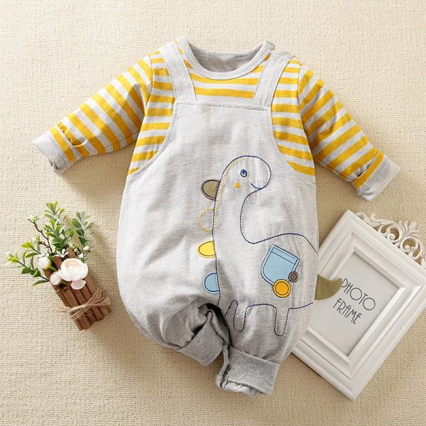 Pieces Baby Primavera e Cartoon Autumn Bordado Dinosaur Strap calça de manga comprida Cotton Boys and Girls Bodysuit