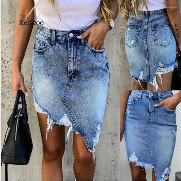 Saias verão arranhou jeans de jeans irregular rasgada cintura alta jeans saia de jeans Sexy slim pack quadris mini