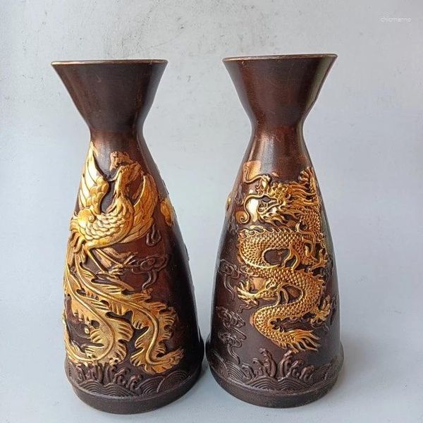 Brincos de colar Dragão dourado de bronze e vinhos Phoenix Chengxiang têm uma textura espessa única de formato requintada escultura hábil pátina hábil.