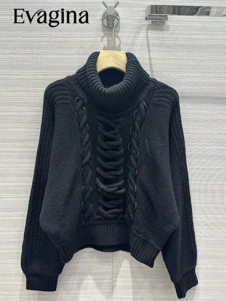 Suéteres femininos Evagina Designer Runway Primavera Autumn Black Color Loose Cashmere Pullovers Turtleneck Lace Up Lantern Manga