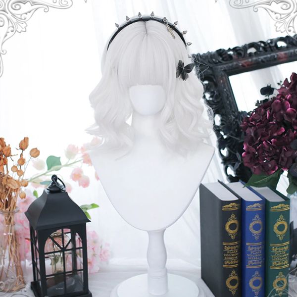 Perucas houyan sintéticas de onda curta cachos de cabelo branco puro peruca franja para mulheres cosplay lolita meninas naturais cabelos cacheados