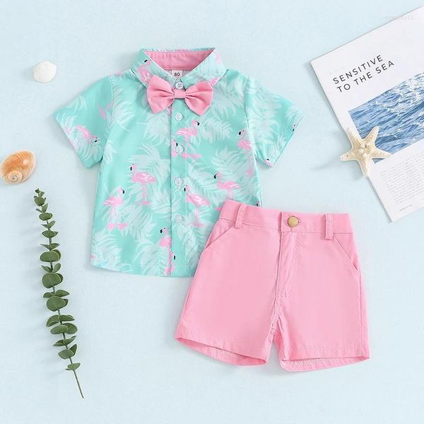 Conjuntos de roupas de 0-4y crianças meninos cavalheiros roupas de Flamingo impressão de mangas curtas camisas de botão com gravata borboleta e shorts para crianças roupas de verão