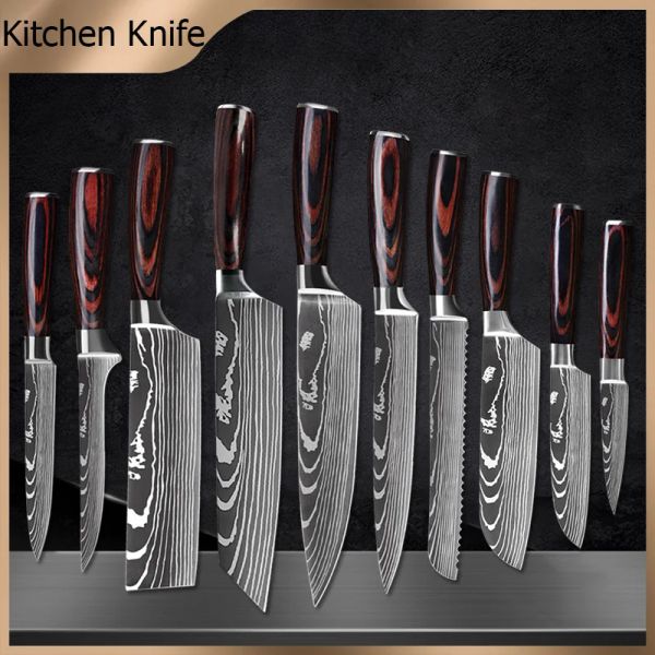 Knives Chef Messer Edelstahl Küchenmesser 110pcs Set 7CR17 440c Laser Damaskus Japanische Santoku -Spaltschneideschleppung Versorgermesser