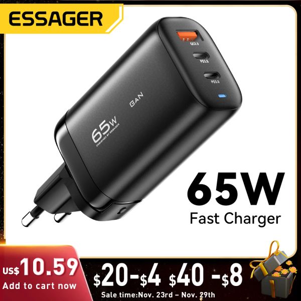 Essager Chargers EU/US/KR/UK 65W GAN USB TIPO C CARREGADOR PARA LAPTOP PPS FAST CARGA PARA SAMSUNG QC3.0 PD3.0 PARA iPhone14 13 Xiaomi Chagers