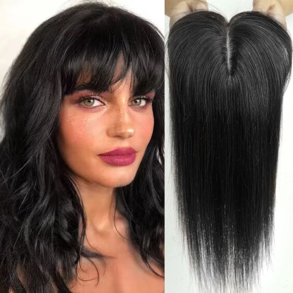 Verschlüsse natürliche schwarze Haaropper mit Pony 100% Real Remy Human Hair Topper Seidenbasis in Haarstücken für schwarze Frauen dünnes Haar