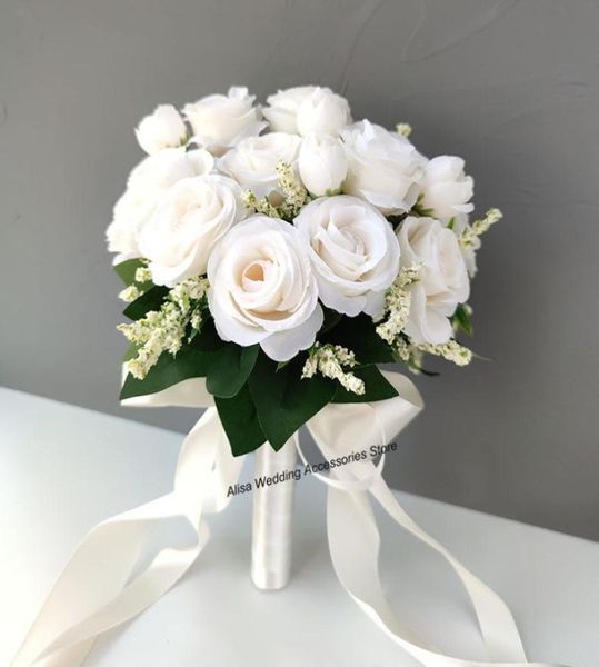 Bouquet da sposa da sposa Bouquet White Silk Flowers Roses Bride Artificial Boutonniere Pins Mariage Bouquet Accessori per matrimoni9495633