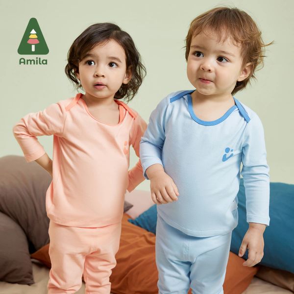 Bloomers Amila Baby Loonswear Set 2023 Осень Осень Новая антибактериальная лайкра ткани печать мальчики девочки хлопковые детские детские детские одежда для дома одежда